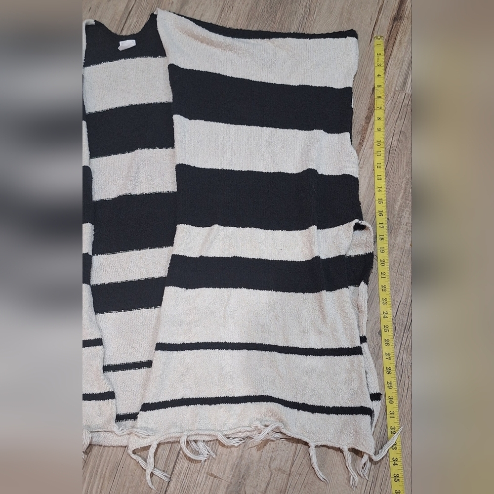 By Together Black & Cream Striped Nubby Fringed Poncho Sz.M/ L #1550 - Picture 7 of 8